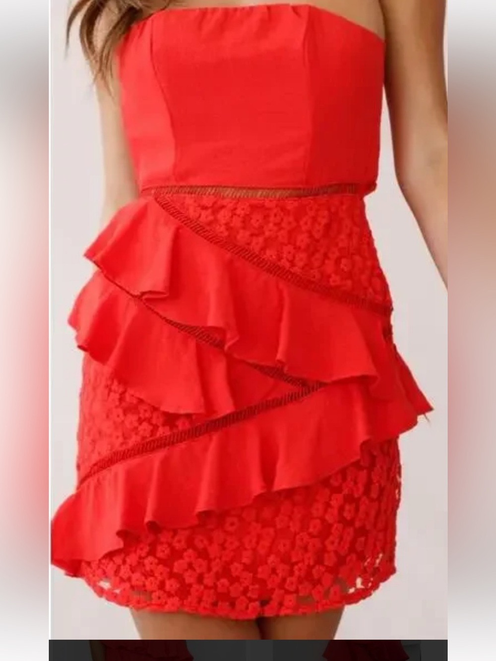 Strapless Red Ruffle Lace Mini Dress